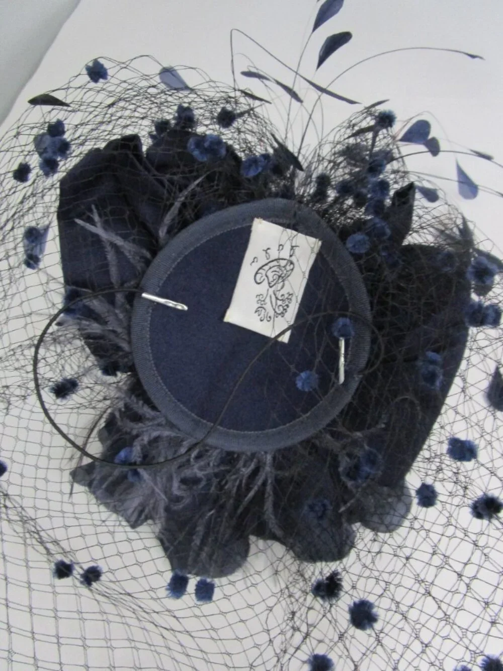 Flocked Veiled Cocktail Hat Silk Flower Feather Navy Wedding